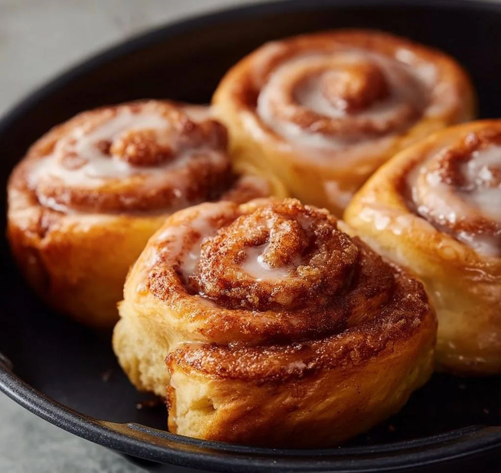 Deliciously golden Air Fryer Cinnamon Rolls ready to serve.