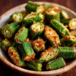 Crispy air fryer fresh okra served in a bowl on a wooden table