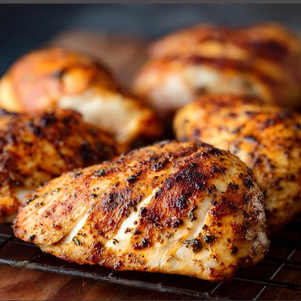Delicious air fryer grilled chicken served on a plate with fresh herbs