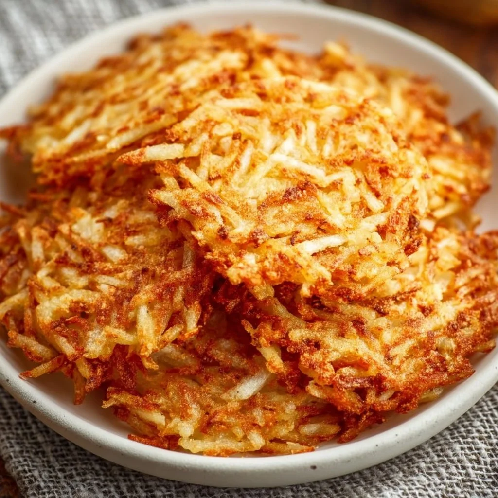Crispy air fryer hash browns served with a sprinkle of herbs.