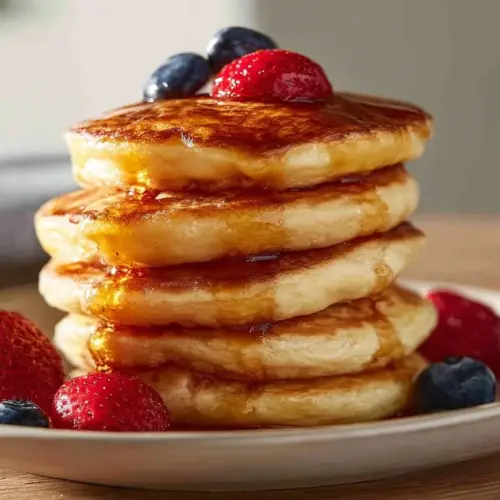 Delicious air fryer pancakes served on a plate with syrup and berries.