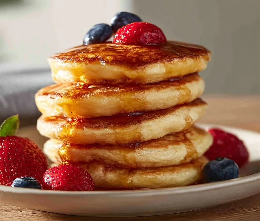 Delicious air fryer pancakes served on a plate with syrup and berries.