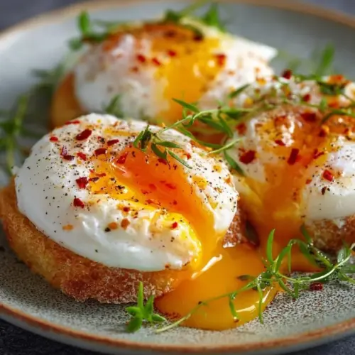 Air fryer poached eggs displayed on a plate with garnishes