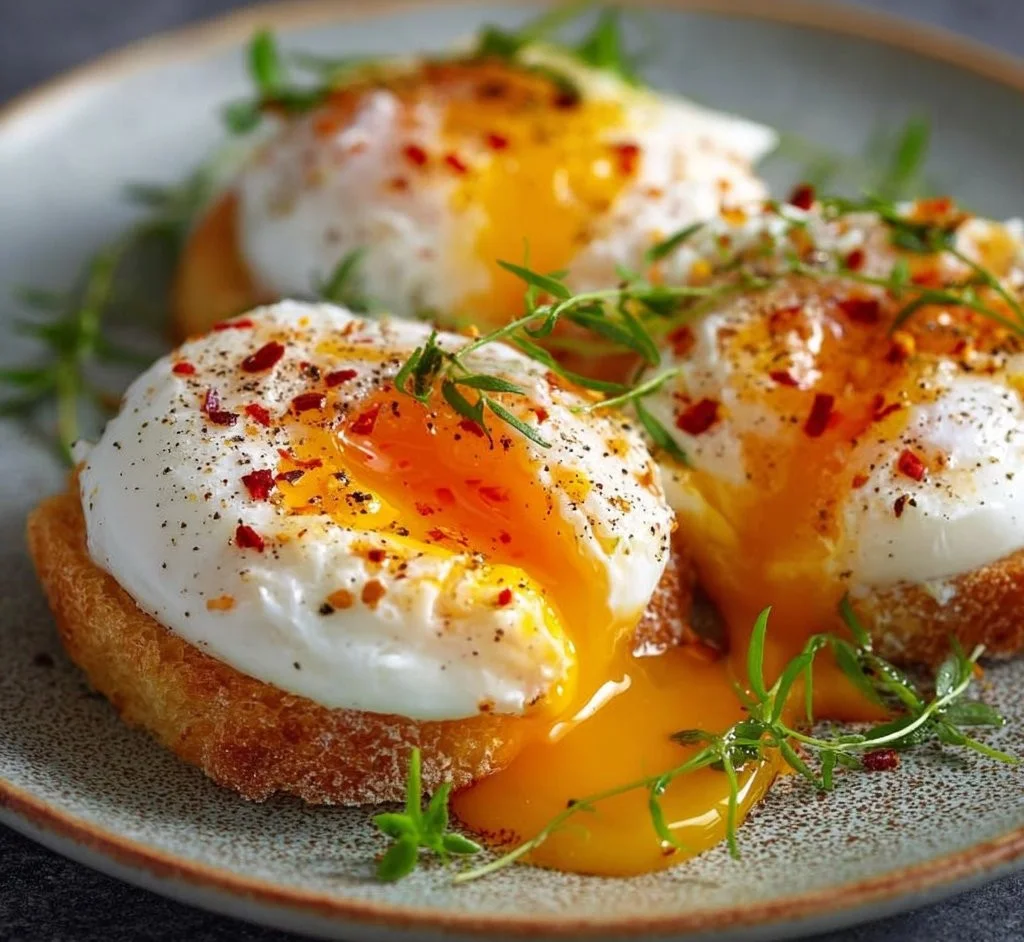 Air fryer poached eggs displayed on a plate with garnishes