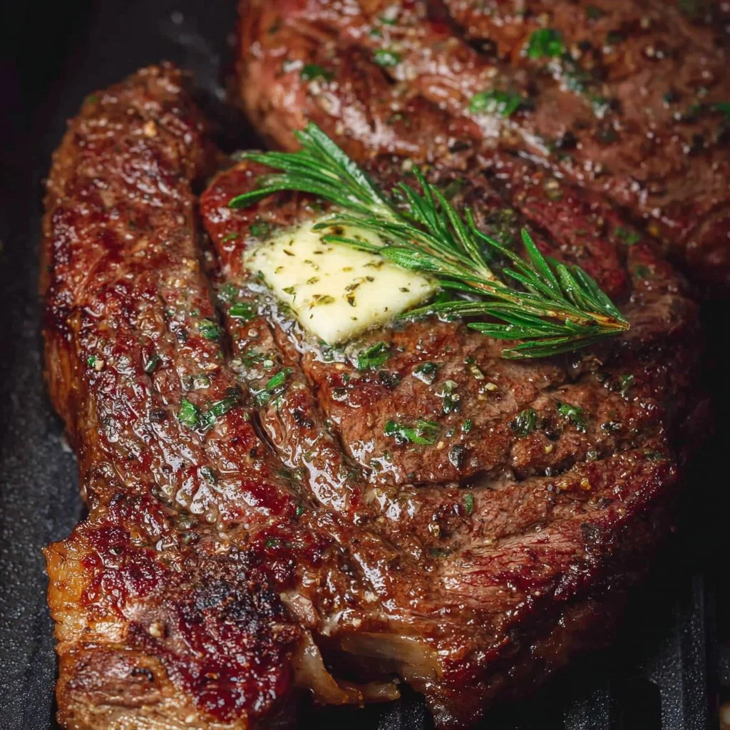 Perfectly cooked air fryer ribeye steak on a plate