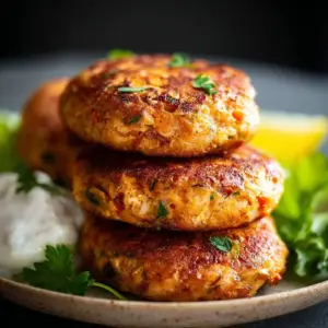 Crispy air fryer salmon patties served on a plate with lemon and herbs