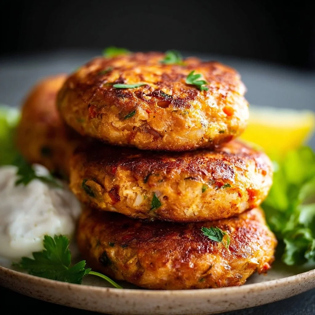 Crispy air fryer salmon patties served on a plate with lemon and herbs