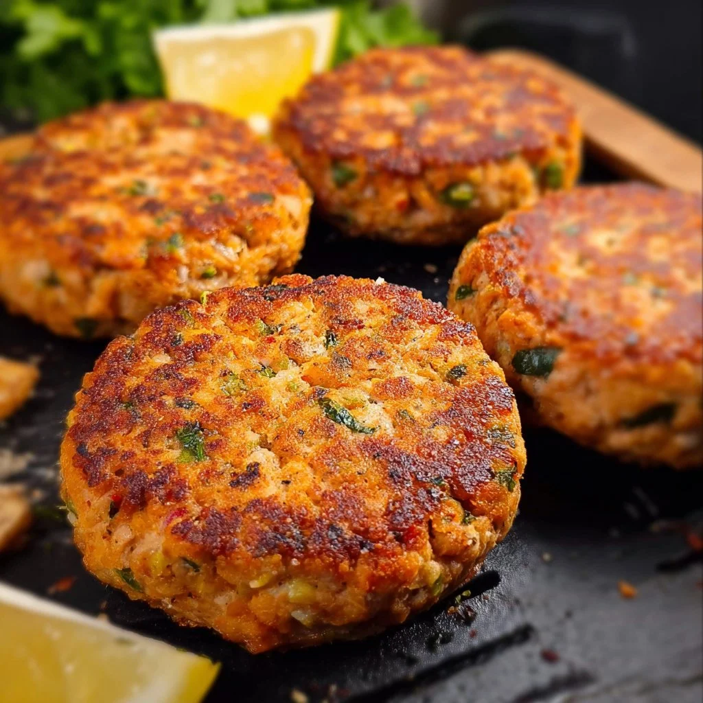 Golden brown air fryer salmon patties on a plate with fresh herbs