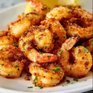 Crispy air fryer shrimp served on a plate with lemon wedges.