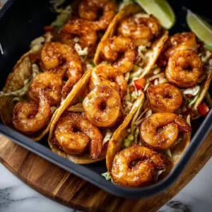 Crispy air fryer shrimp tacos topped with fresh ingredients and served on a plate