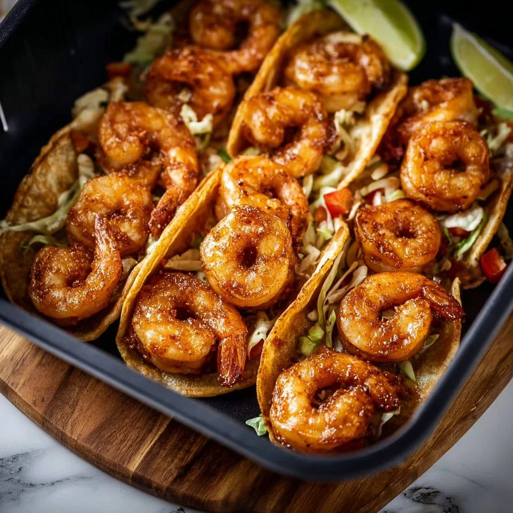 Crispy air fryer shrimp tacos topped with fresh ingredients and served on a plate