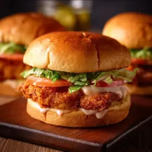Air fryer spicy chicken sandwiches served with toppings and sides.