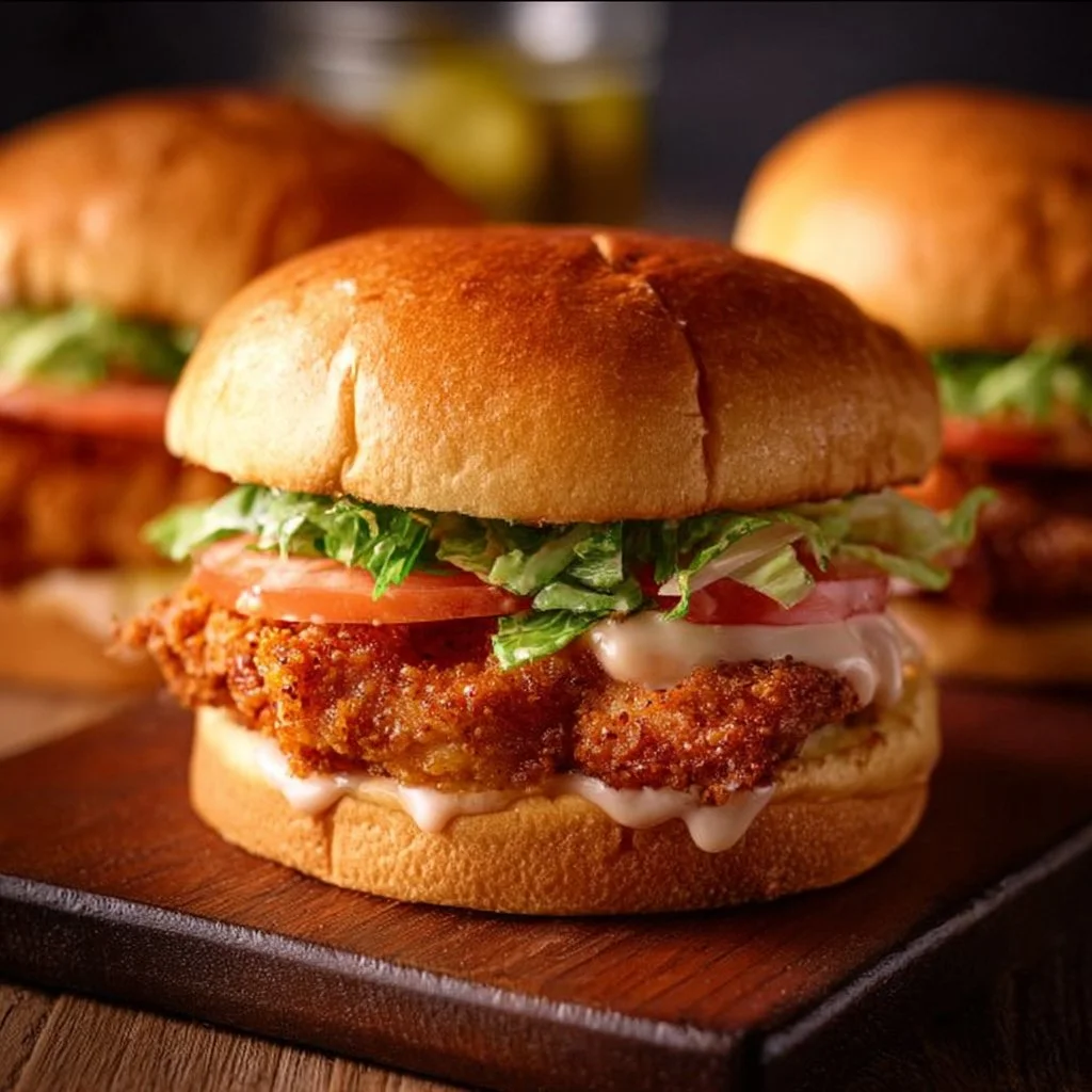 Air fryer spicy chicken sandwiches served with toppings and sides.
