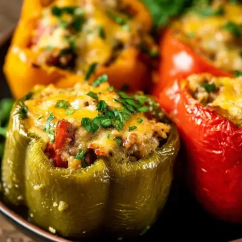 Air Fryer Stuffed Peppers filled with rice, vegetables, and spices.