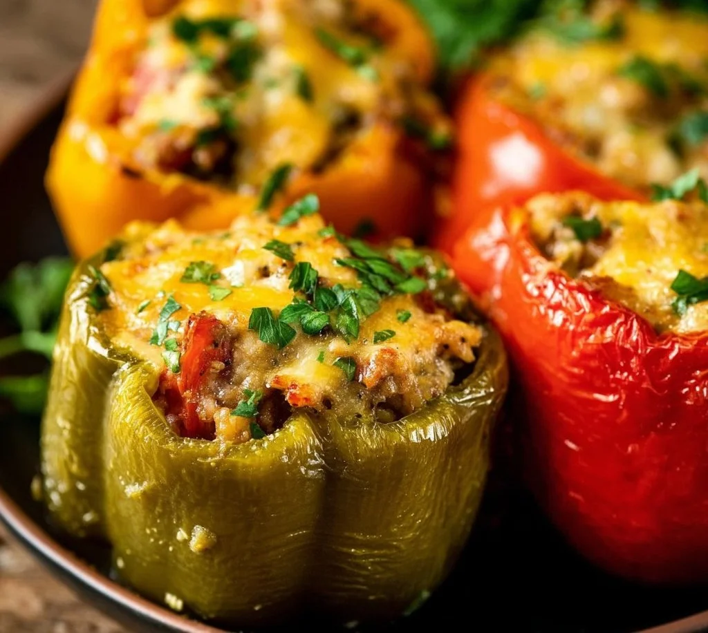Air Fryer Stuffed Peppers filled with rice, vegetables, and spices.