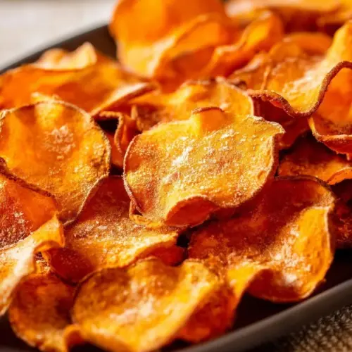 Crispy air fryer sweet potato chips served in a bowl