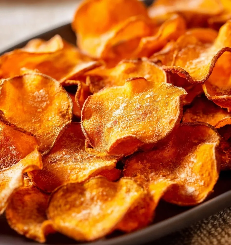 Crispy air fryer sweet potato chips served in a bowl