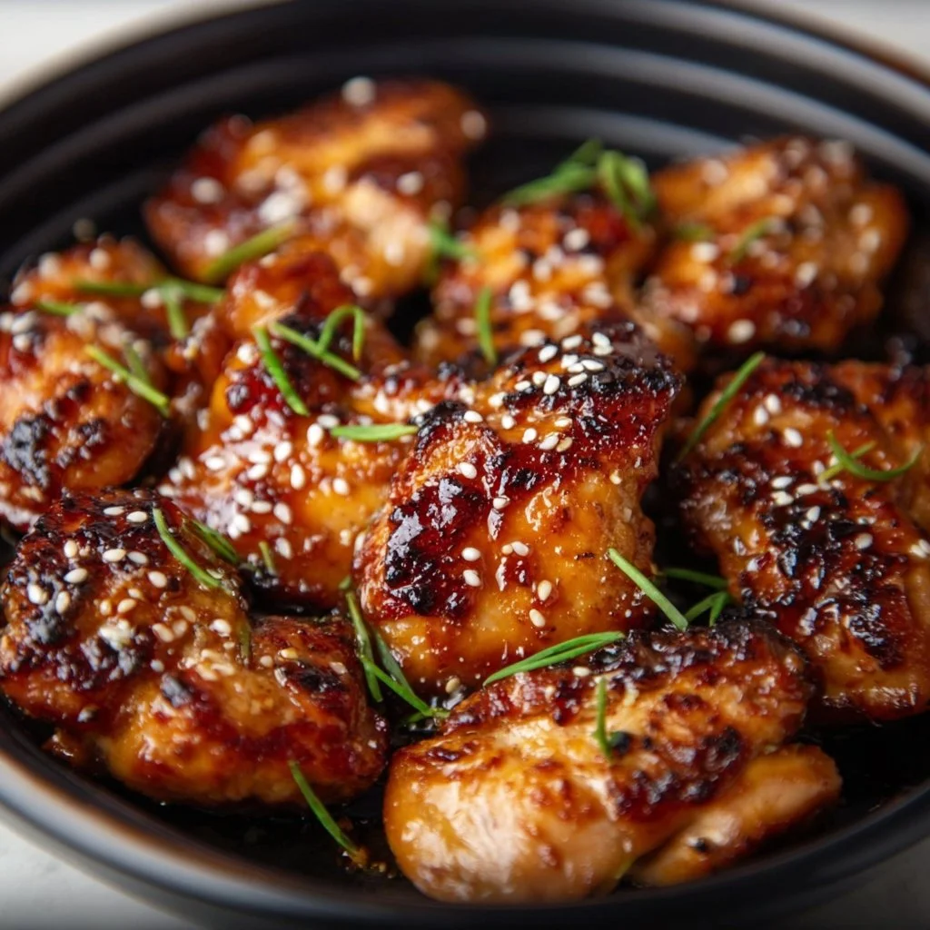Plate of Air Fryer Teriyaki Chicken garnished with sesame seeds and green onions.