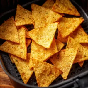 A plate of golden air fryer tortilla chips served with salsa.