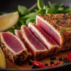 Juicy air fryer tuna steak cooked to perfection with seasonings.