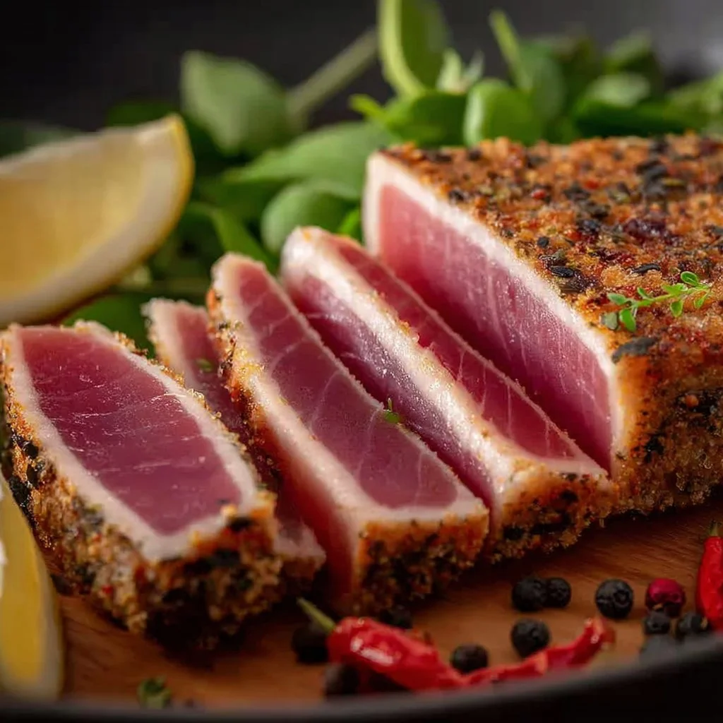 Juicy air fryer tuna steak cooked to perfection with seasonings.
