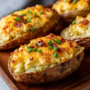 Delicious air fryer twice baked potatoes stuffed with cheese and herbs