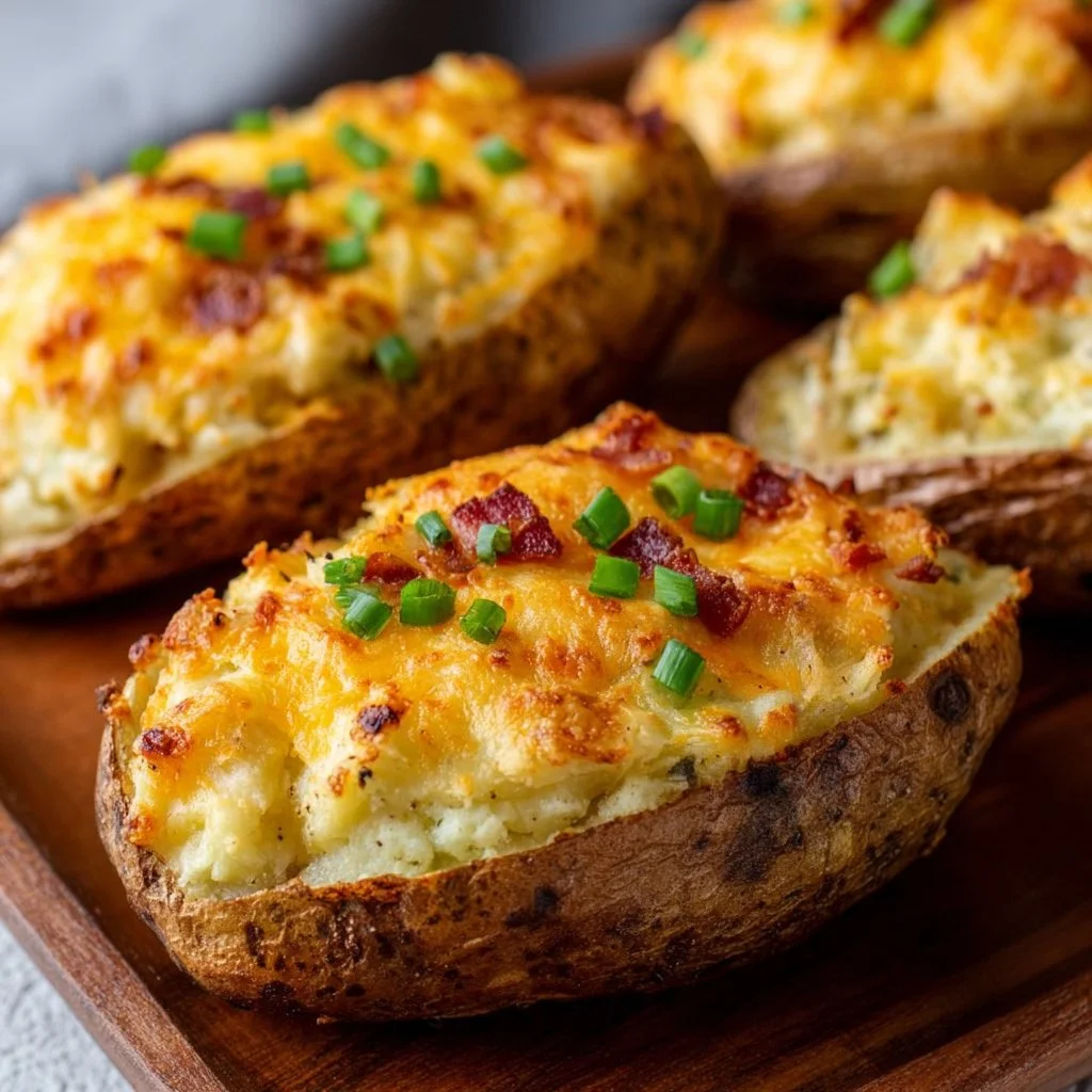 Delicious air fryer twice baked potatoes stuffed with cheese and herbs
