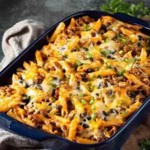 Baked Mexican Pasta with cheese, peppers, and spices in a casserole dish.