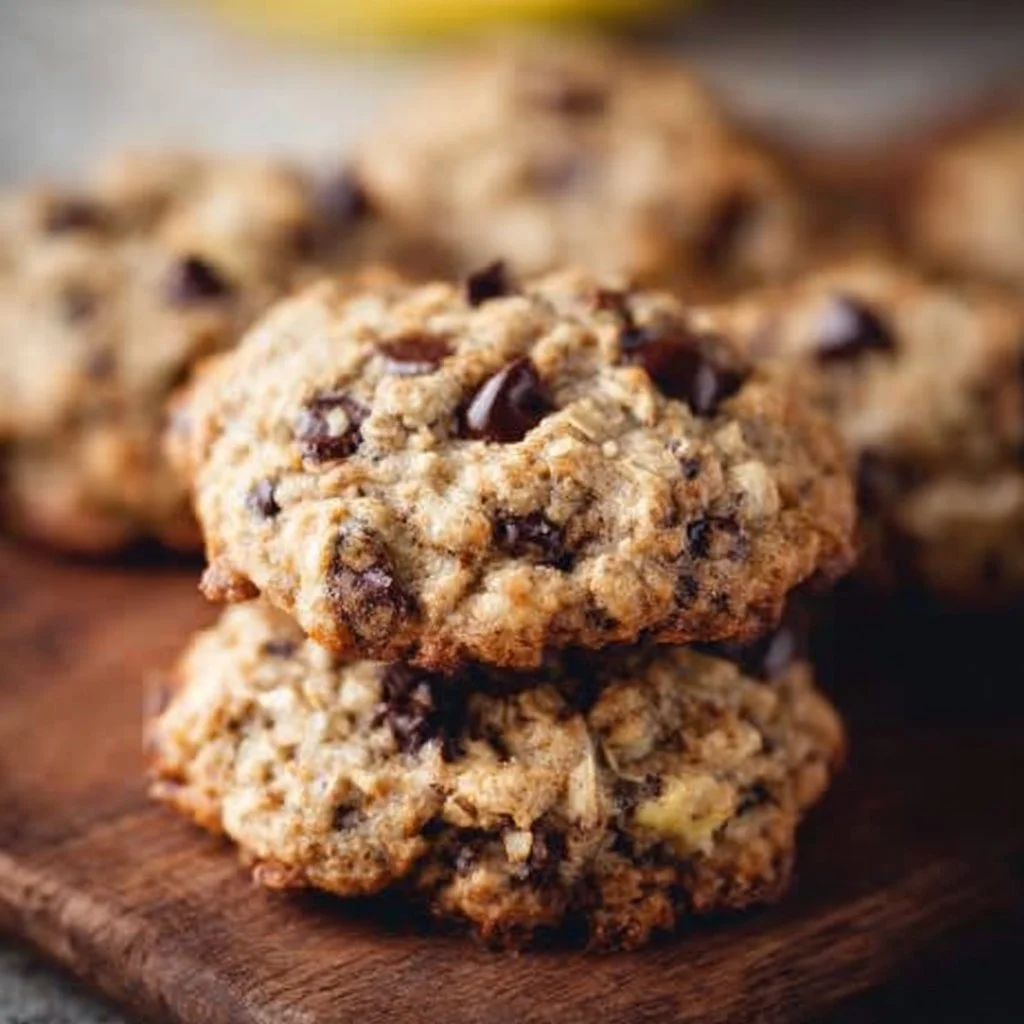 Delicious banana oat chocolate chip cookies on a baking sheet