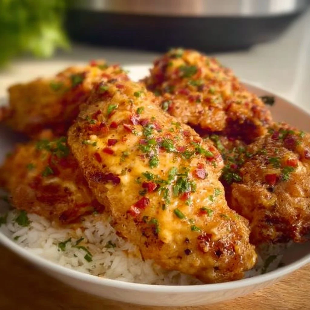 Delicious Bang Bang Air Fryer Chicken served with dipping sauce.