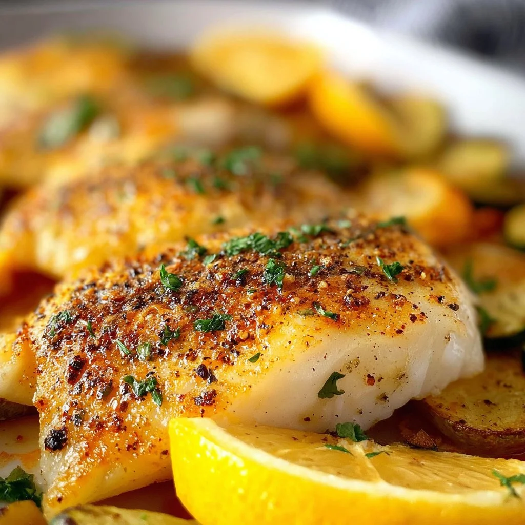 Plate of baked orange roughy garnished with herbs and lemon