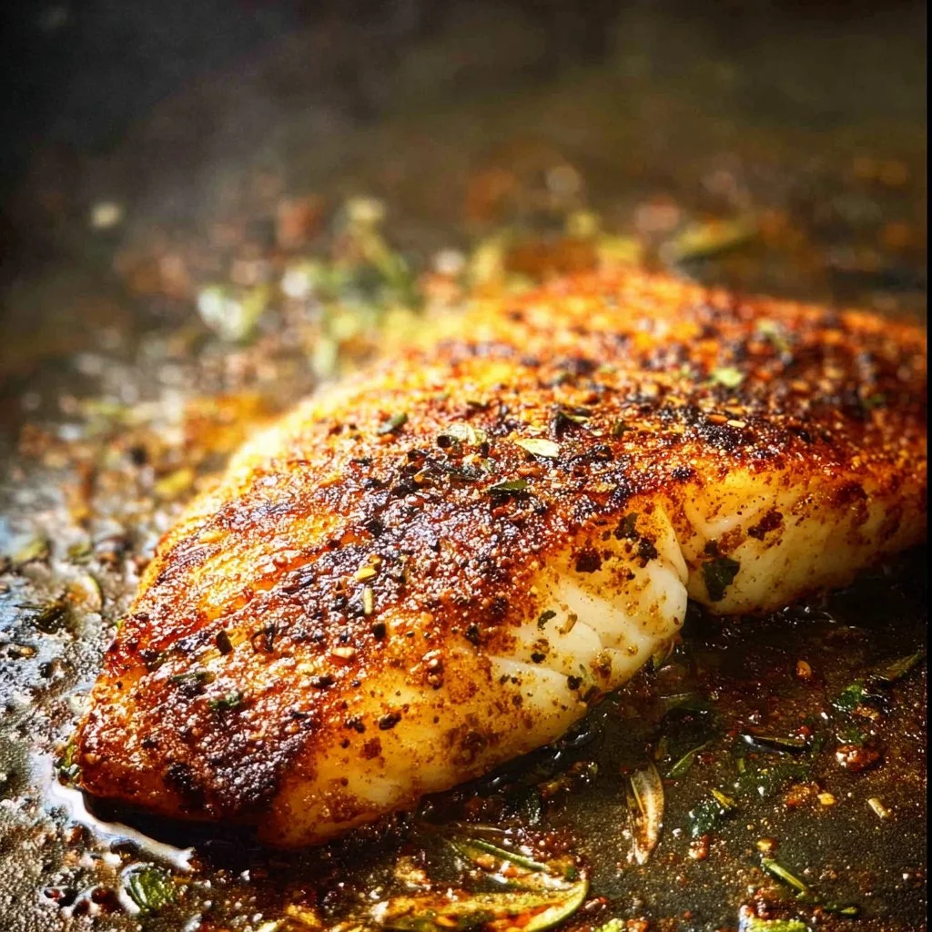 Plate of Blackened Orange Roughy garnished with herbs and lemon.