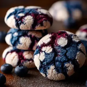 Freshly baked Blueberry Crinkle Cookies dusted with powdered sugar
