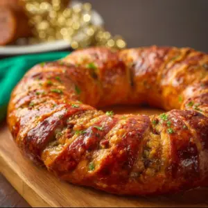Delicious Boudin Sausage King Cake with a colorful glaze and festive decorations.