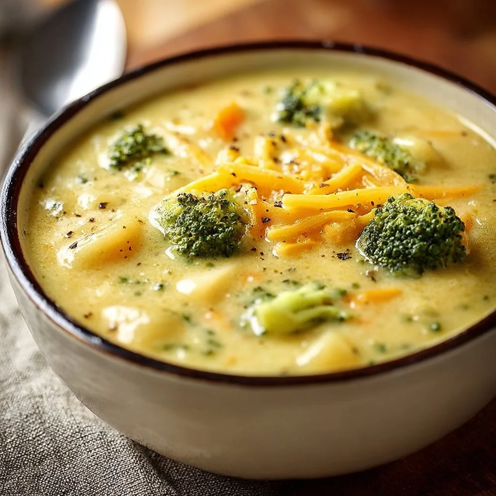 Creamy broccoli potato cheese soup in a bowl garnished with fresh herbs