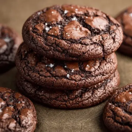 Decadent brownie cookies topped with chocolate chips on a wooden plate.