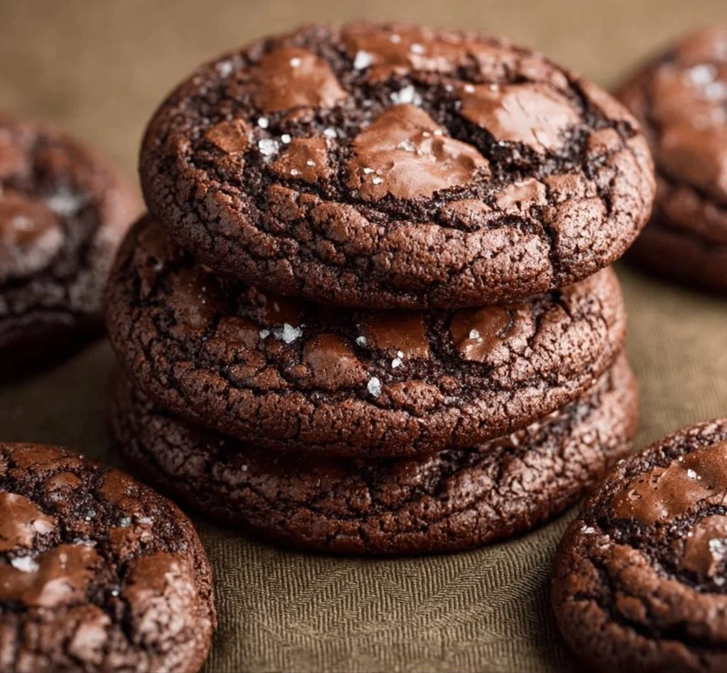 Decadent brownie cookies topped with chocolate chips on a wooden plate.