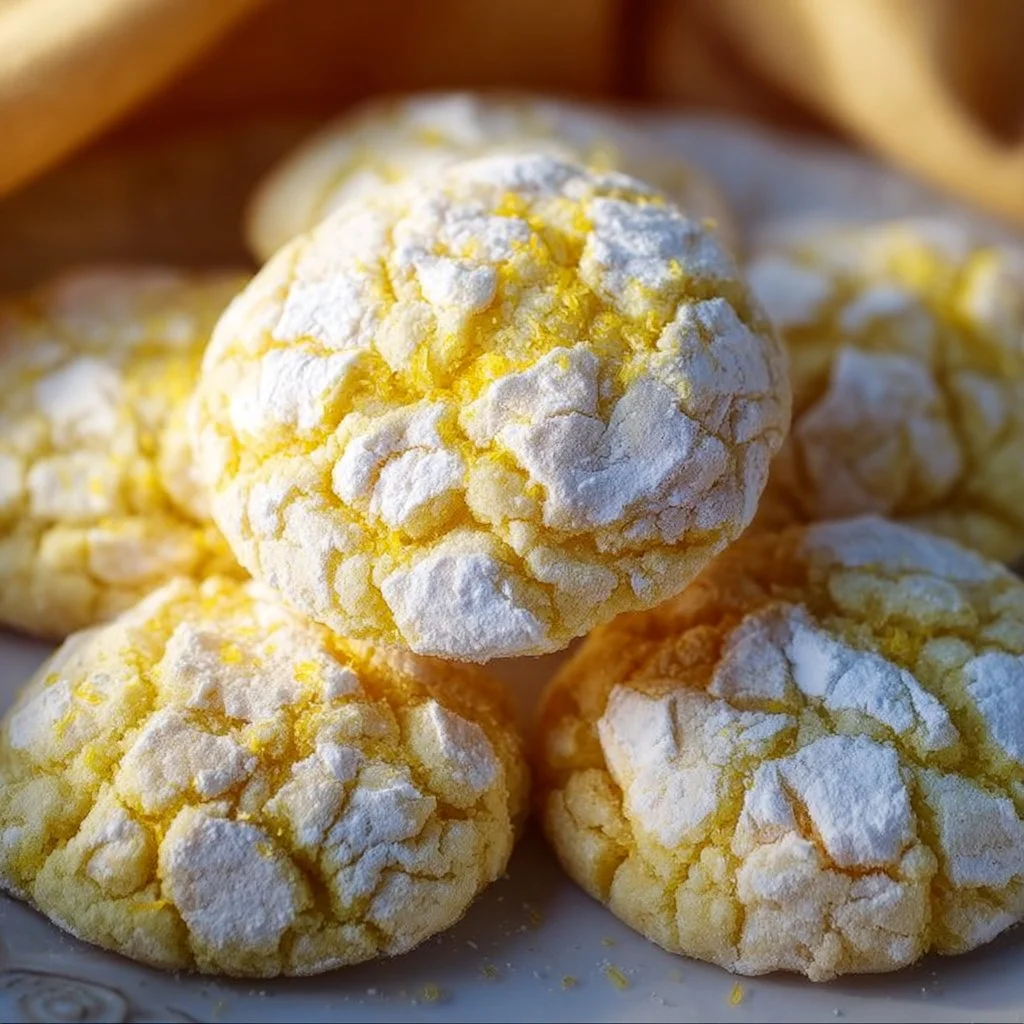 Plate of delicious cake mix lemon crinkle cookies dusted with powdered sugar