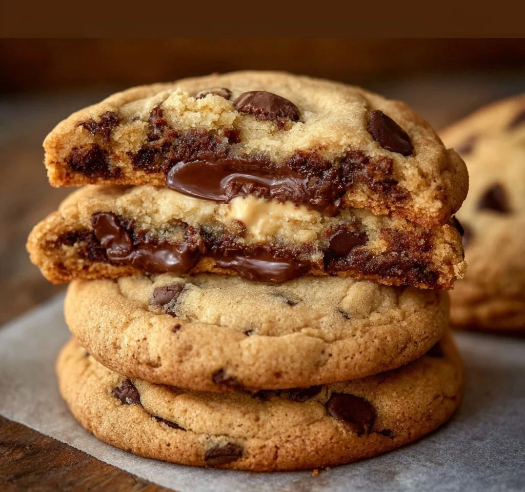 Cheesecake stuffed chocolate chip cookies with creamy filling