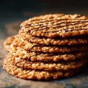 Chewy oatmeal lace cookies on a plate with a glass of milk