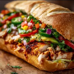 Delicious Chicken Torta Sandwich with chicken, avocado, and fresh veggies