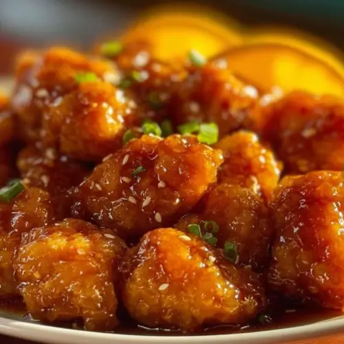 Plate of Chinese orange chicken garnished with sesame seeds and served with rice