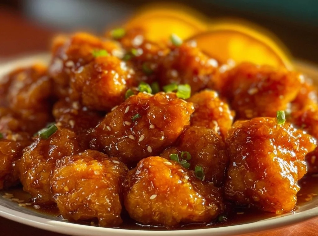 Plate of Chinese orange chicken garnished with sesame seeds and served with rice