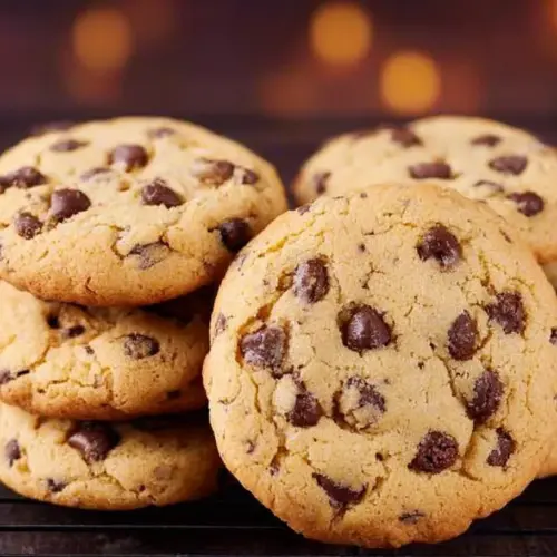 Freshly baked chocolate chip cookies on a cooling rack.