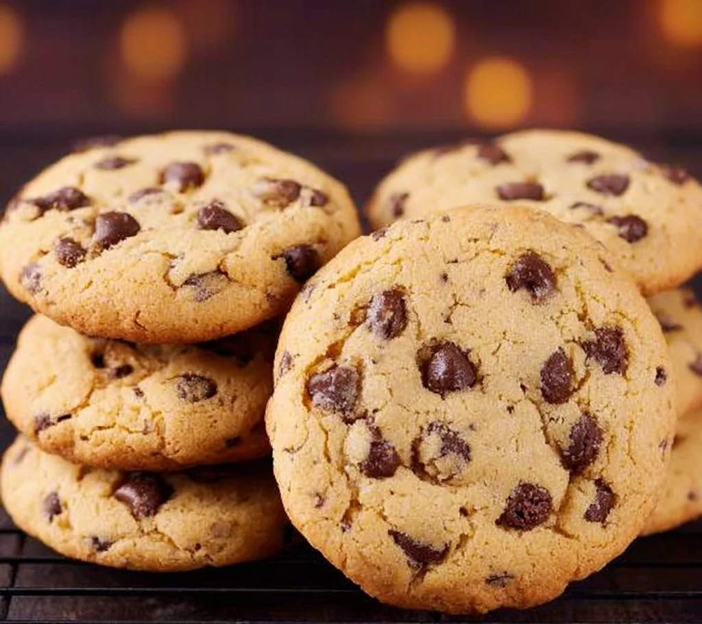 Freshly baked chocolate chip cookies on a cooling rack.