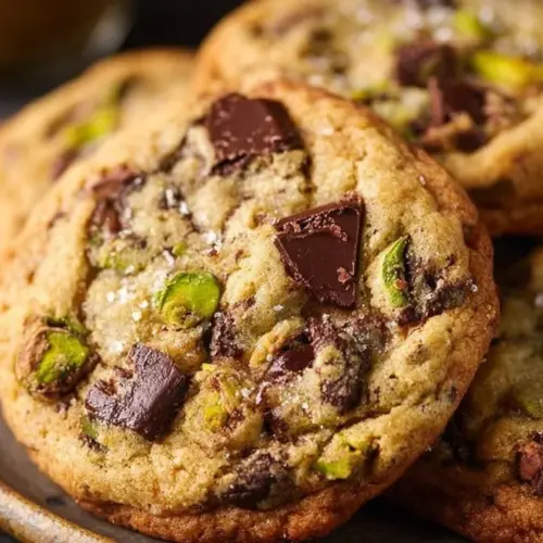 Chocolate chip pistachio cookies with chocolate chips and green pistachios