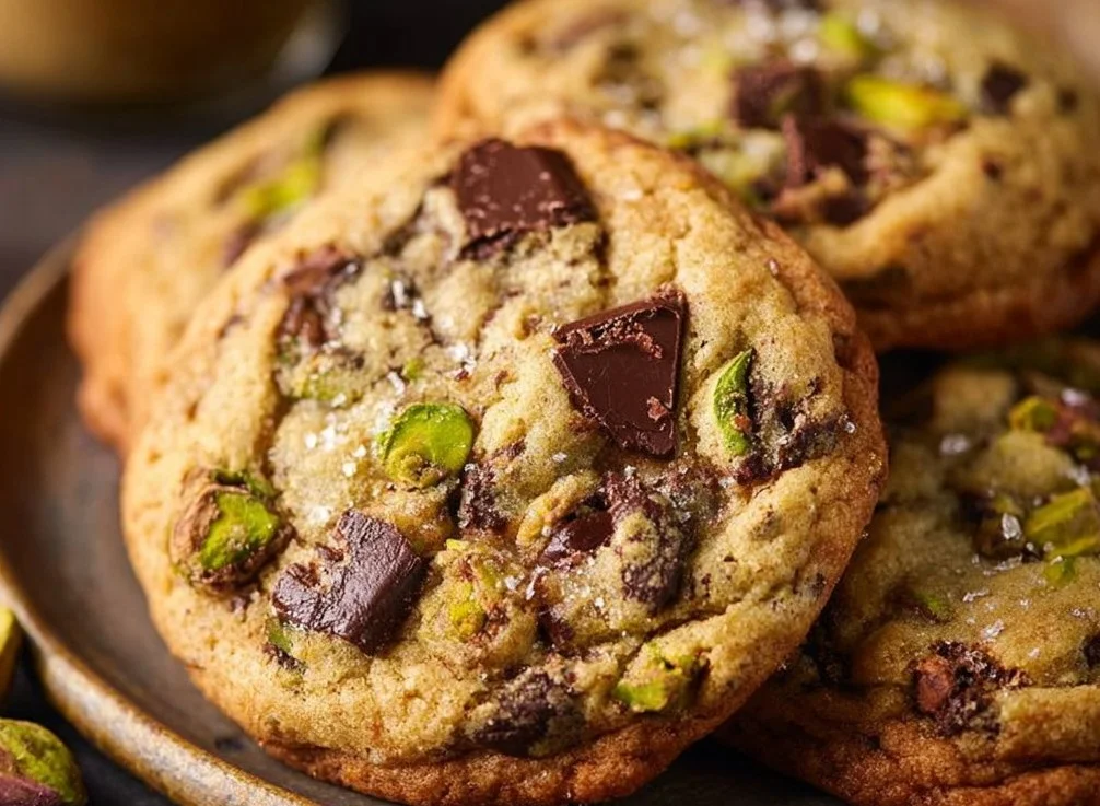 Chocolate chip pistachio cookies with chocolate chips and green pistachios