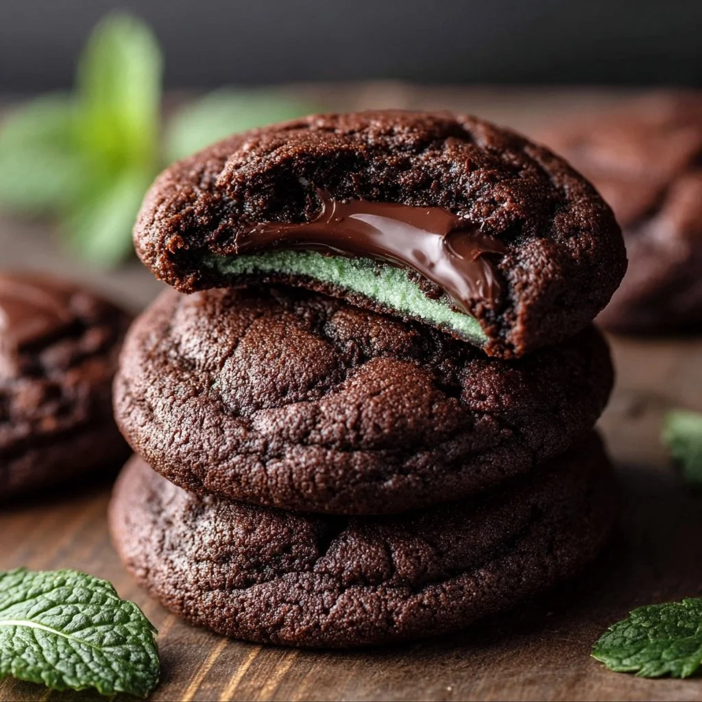 Delicious chocolate mint cookies arranged on a plate with mint leaves.