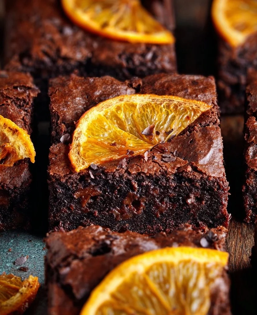 Deliciously moist Chocolate Orange Brownies topped with orange zest.