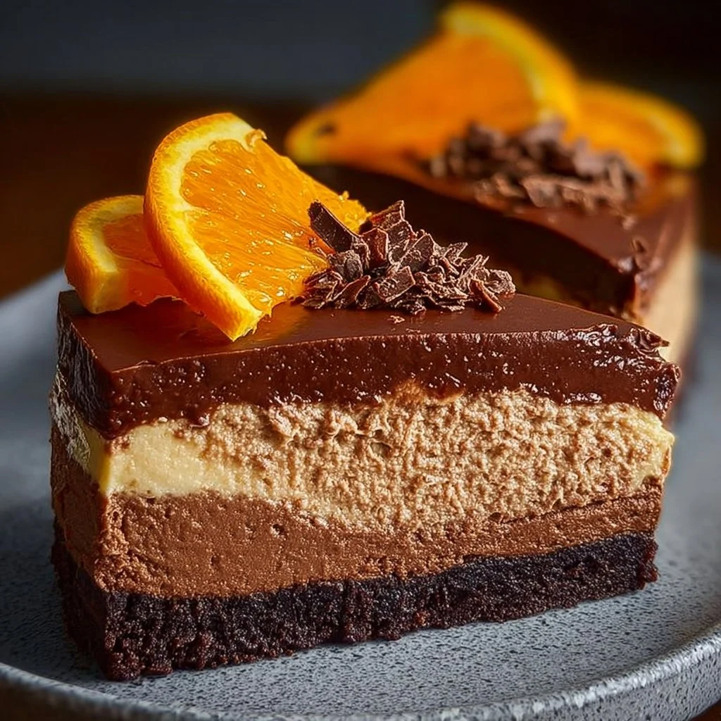 Delicious slice of Chocolate Orange Cheesecake with chocolate and orange zest